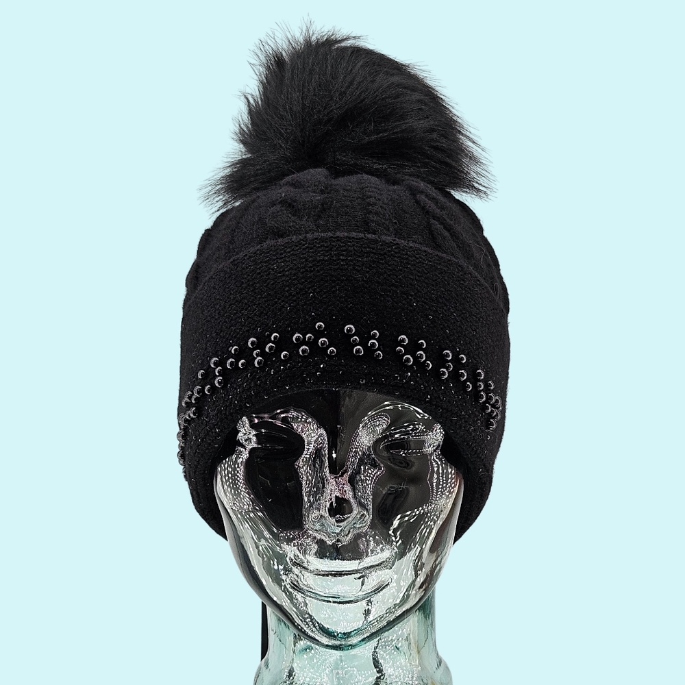 Adrienne Landau Hat Beanie Black Wool Blend Embellished Faux Fur Pom Pom Holiday